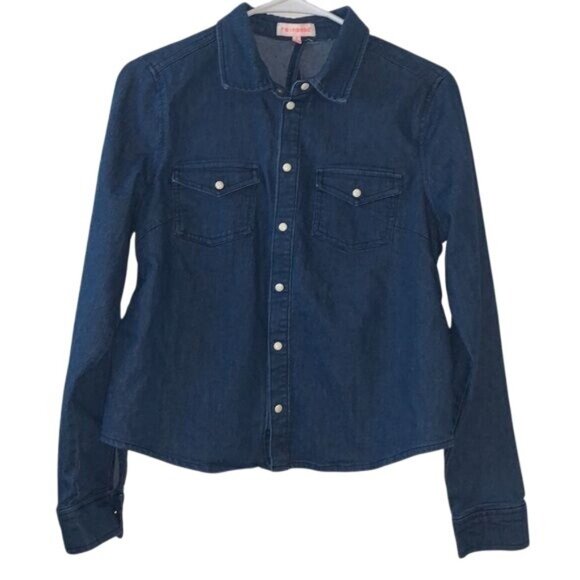 Denim Blue Womens Button Down Jean Shirt Fitted Western Style - Picture 1 of 13